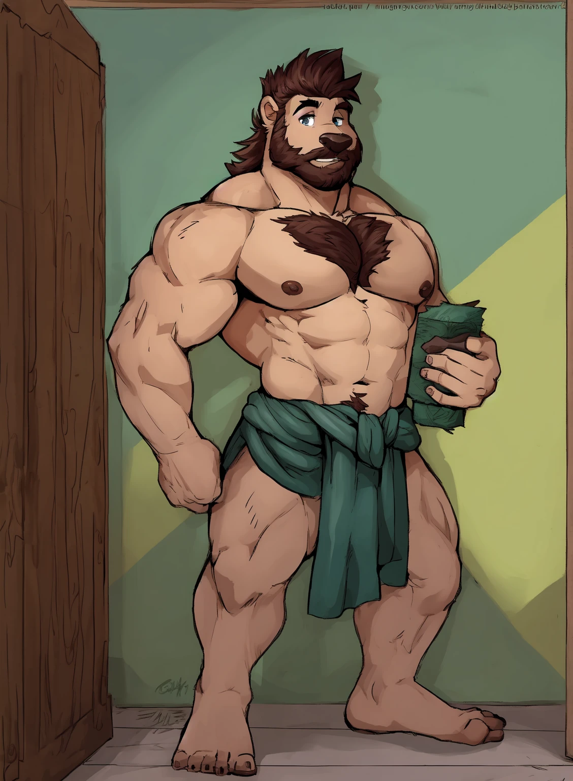 by personalami, by meesh, by honovy, by taran fiddler, male, solo, anthro (bovine), adult, brown skin, ((photorealistic, hyperrealistic, ultra detailed, 4k hd)), natural pose, (muscular, big fat, musclechub, overweight, big belly, thick arms, thick legs, hairy body, fluffy, large pecs:1.3), sweat6, musk, hairy armpits, ((sitting on wooden stool, holding pint of beer, dynamic pose)), , ((looking at viewer, confident smile)), ((loincloth, bulge, rock necklace, cloth wrapped around forearms and ankles)), ((pose:1.2)), ((rustic wooden bar background))