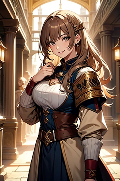 1girl, long wavy brown hair, green eyes, big breast, medieval light armor, serious, solo, best quality, masterpiece, portrait, simple background, looking at the camera, from the front, detailed, perfect anatomy, detailed art, high definition, 4k, high resolution