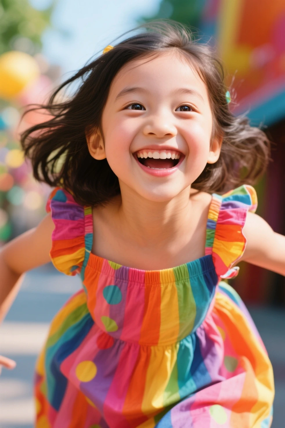 A professional photograph of an adorable 3-year-old in the park, wearing a colorful dress, with a charming smile and playing on a swing, capturing her expression of pure joy and innocence, Photography, DSLR camera with a 50mm portrait lens, --air 3:2 --v 5