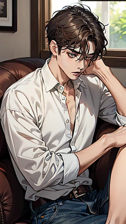 , score_9,score_8_up,score_7_up, source_cartoon, source_anime, a tall slender white male, adult male, tired expression, square face, handsome, jaw line, brown eyes, square nose, eyes half open, bags under his eyes, short dark brown hair slicked back, wearing white baggy button up shirt, shirt unbuttoned, toned body, white pants, sitting on a recliner, hand on his head, tired, loose tie around his neck, indoors, in a messy apartment