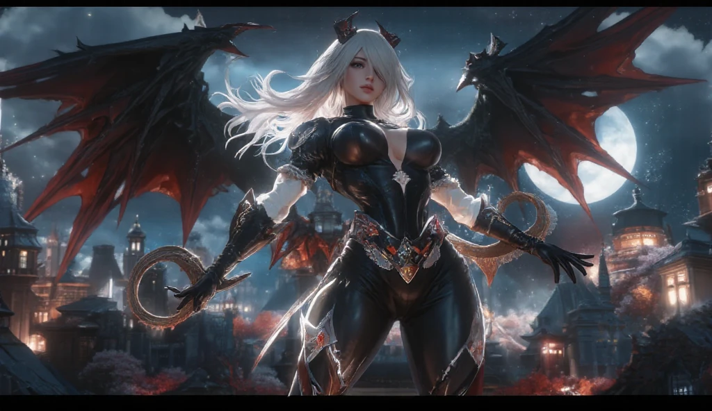 girl, gargoyle warrior, crouching, evil look, sexy, armour panties lowleg, claws, fangs, wings, busty,  massive tail, demonic armor, facepaint, bodypaint, red glowing eyes, combat stance, vibrant appearance, creative behavior, menacing, evil smile, imaginative, sensual, spontaneous, highest quality, skin texture, intricate details, (cinematic lighting), RAW photo, 8k, under moonlight, nightmarish, full moon, firestorm, debris