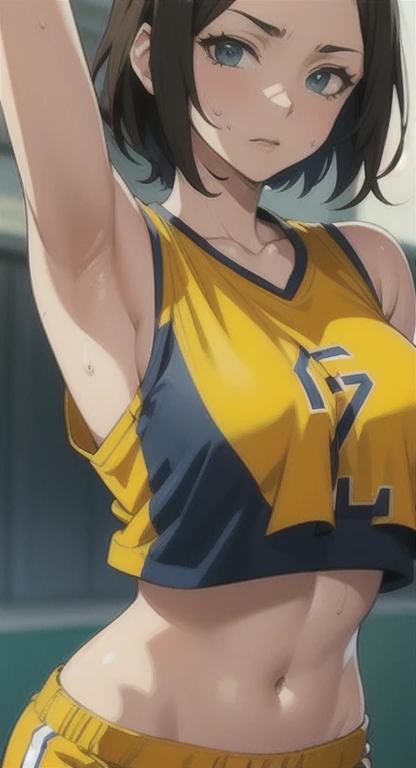 a close up of a person wearing a basketball uniform, a picture, inspired by Kentaro Miura, trending on pixiv, Shinobu Kochou, Demon Slayer, Kimetsu no Yaiba, wearing yellow nba jersey, yellow croptop nba jersey, wearing a low cut croptop, wearing croptop, croptop, written "Lakers" on the croptop, golden raito, (winking), shirobako, large)}], favorite scene, fine details. anime. skins, sweating, big breasts, both hands raised, armpits, armpits visible, dripping with sweat, more more sweat, sweaty armpits