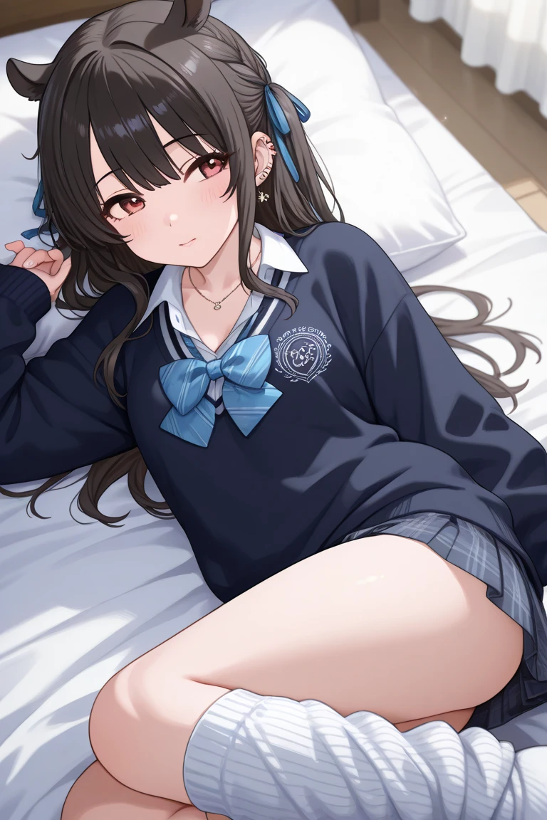 (masterpiece:1.3), (Absurd:1.3), (highest quality:1.3), The Hands of Guido Daniele, (Very detailed:1.3), (Best Shadow:0.7), (Processed Hair), One girl, alone, S1, aizawa ema, 16 years old, nsfw, (medium Breasts:1.0), (thick thighs:0.4),  (black hair:1.4), Asymmetrical bangs, Blunt bangs, blue eyes, blazer, (dark blue jacket:1.4), (open blazer:1.4), collared shirt, (white shirt:1.4), (blue bow:1.4), pleated skirt, (blue plaid skirt:1.4), no bra, (nipple shape:1.0), (white panties:1.4), showing panties, (black socks:1.4), after sex, sweat, (pussy juice:1.4), cum, (cum in pussy:1.4), (cumdrip:1.3), cute face, panic face, (embarrassed:1.3), open mouth, in the bed room, on the bed, co-sleeping, (lying on back:1.0), open legs,