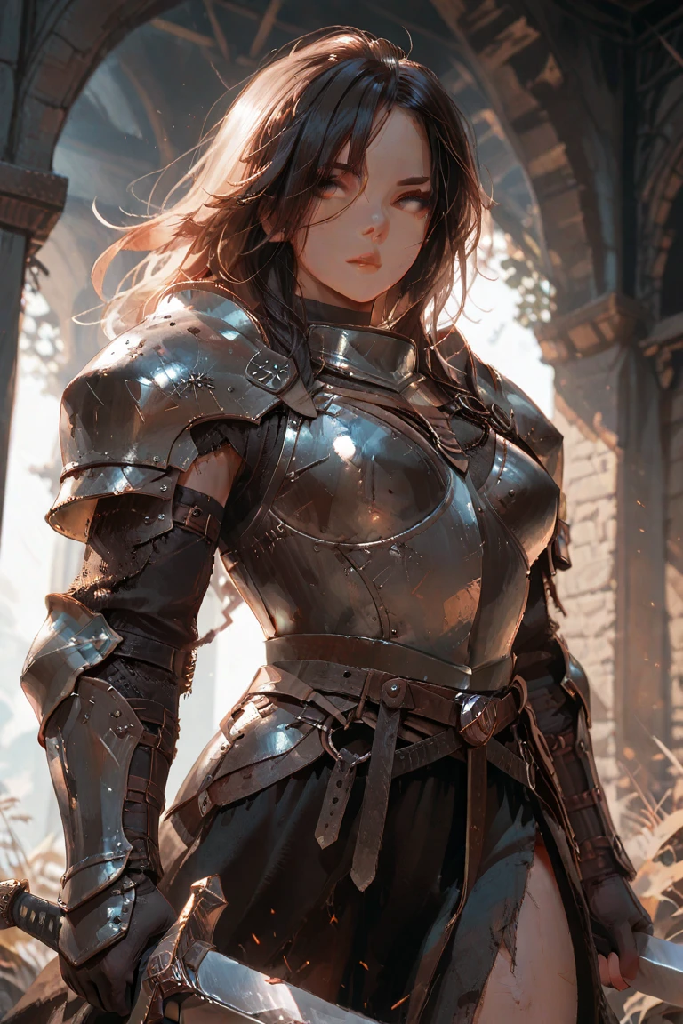 Warrior brunette, armor, medieval fantasy, D&d, RPG, ultra realistic, ultra detailed, best quality, 8k, wallpaper, steel breastplate, steel gauntlets, steel gloves, sitting, short skirt, green skirt, tiny panties, tight panties, white panties, panty view, upskirt, cameltoe, pantyshot, RAW,