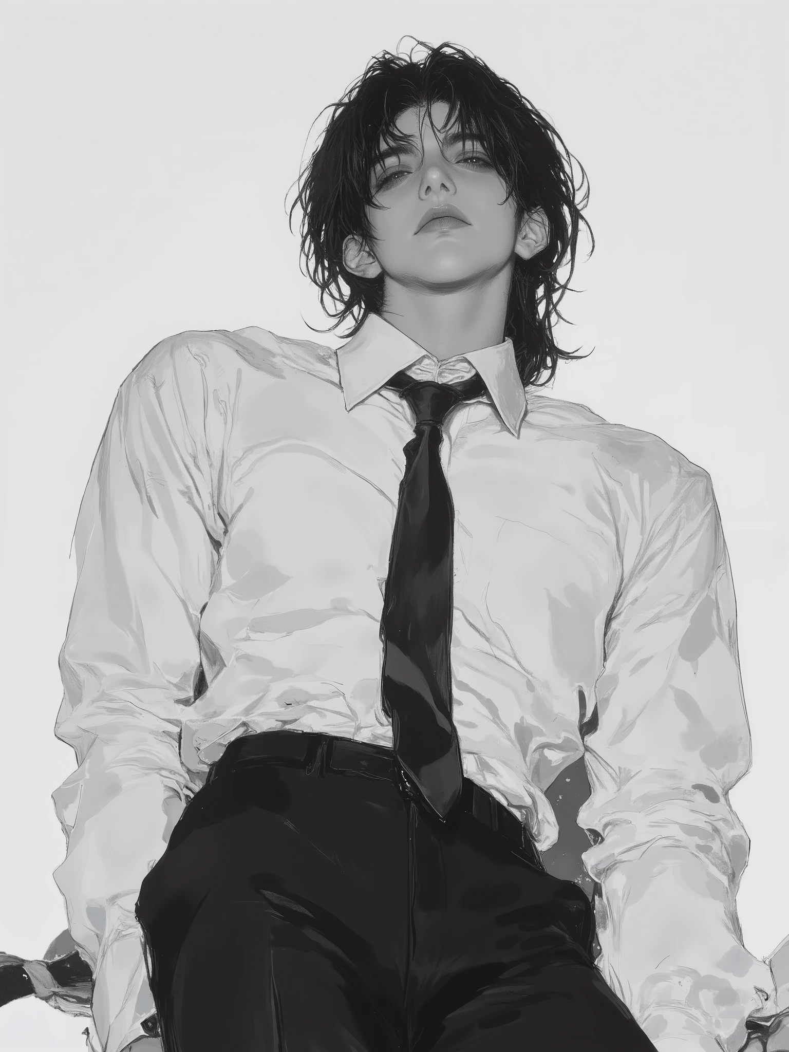 {{monochrome, black and white, grayscale, no color, no saturation}}, high contrast, dramatic lighting, minimalist background
masterpiece, best quality, ultra high resolution, 4K, 8K, detailed shading, noir anime illustration, dramatic black and white aesthetic
tall and lean male character, messy medium-length black hair with fringe over one eye, sharp jawline, piercing eyes, cold and emotionless expression, slightly parted lips
wearing a crisp, dry white shirt with matte cotton texture, buttoned up, neat black necktie, intact and undamaged shirt, no tears, no exposure, tight black trousers, slim waist, broad shoulders, subtle muscle line under clothing
three-quarter view, low angle, stylish yet calm pose, soft shadowing on plain white background, strong contrast between clothing and skin
no color, no accessories, no background clutter, solo male focus,
"Leaning forward with hands on knees, head slightly tilted, making eye contact with a soft smile."