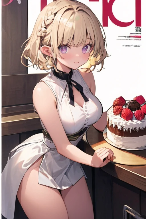 1 girl, small nose, very beautiful detailed face and eyes, bright colors, cute face, delicate beautiful face, Bright magenta eyes, cute eyes, sparkling eyes, Big eyes, (big breasts:1.3), (perky chest:1.1), (pointed chest:1.0), (cake magazine cover:1.3),highest quality, WorKs of masters, High resolution,BlacK color hair,shiny hair, side ponytail,hair between eyes,bangs, (black jacket, real clothes, cleavage, black skirts, black thighhighs, thigh strap, fingerless gloves, single glove:1.2) , spread legs, panties shot, medium hips, glamorous body, white skin, smile, thin pubric hair, super beautiful face, Super beautiful eyes, Super beautiful hair,trendy outfit,sexy and attractive,full body esbian, Real World, Natural light,perfect Natural light,(with sparkling eyes and a contagious smile), This masterpiece is not only visually stunning but also tells, make of cake cooking , in the kitchen, open mouth, looking at viewer,
