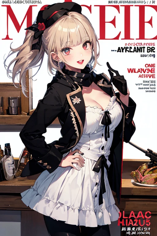 (small breasts:1.2), (perky chest:1.2), (pointed chest:1.2), (Pudding cake magazine cover:1.3),(from above:1.0),(fromside:0.9),masterpiece, 1girl, Amazing Cleavage:1.1, thin waist, optimum,tmasterpiece,hight resolution,best qualtiy,hyper HD,super detailing,awardwinning,16 K，solo,(The upper part of the body),anatomy correct,Beautiful cyberpunk girl，Cowboy Shot,cute face,a blond,Longhaire,Twin-tailed,Braids, Hairline,（scarlet eyes）,long eyelasher,Hanging eye corners,White skin of the,shoot from the side, ((see through camisole:0.1)), ((Sheer nipples:1.0)),Rocket Tits,(Slim body),smile,seductive weak smiling,(with sparkling eyes and a contagious smile),open mouth, Looking at Viewer