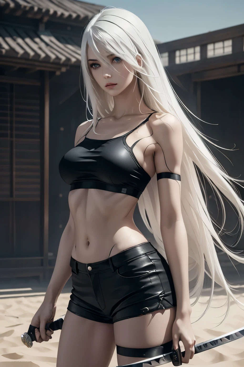 very long hair, blue eyes, white hair, robot joints, android,YoRHa Type A No.2,A2,(best quality, masterpiece), ((1 Woman)), beautiful Woman, ((blue eyes)), (([White] hair, [slong] hair)), ((small breasts)), realistic, narrow waist, charming, Black makeup, Smoky eye shadow, Dark Eyeliner. long eyelashes, ((Tanned Skin)), (detailed face), detailed eyes, detailed iris, Desert Sand Dunes, ((Holding a Long Katana Style Sword)), Fighting Robots, Black Shorts, Black Crop Top Asymmetrical Shorts, From Behind, Action Pose