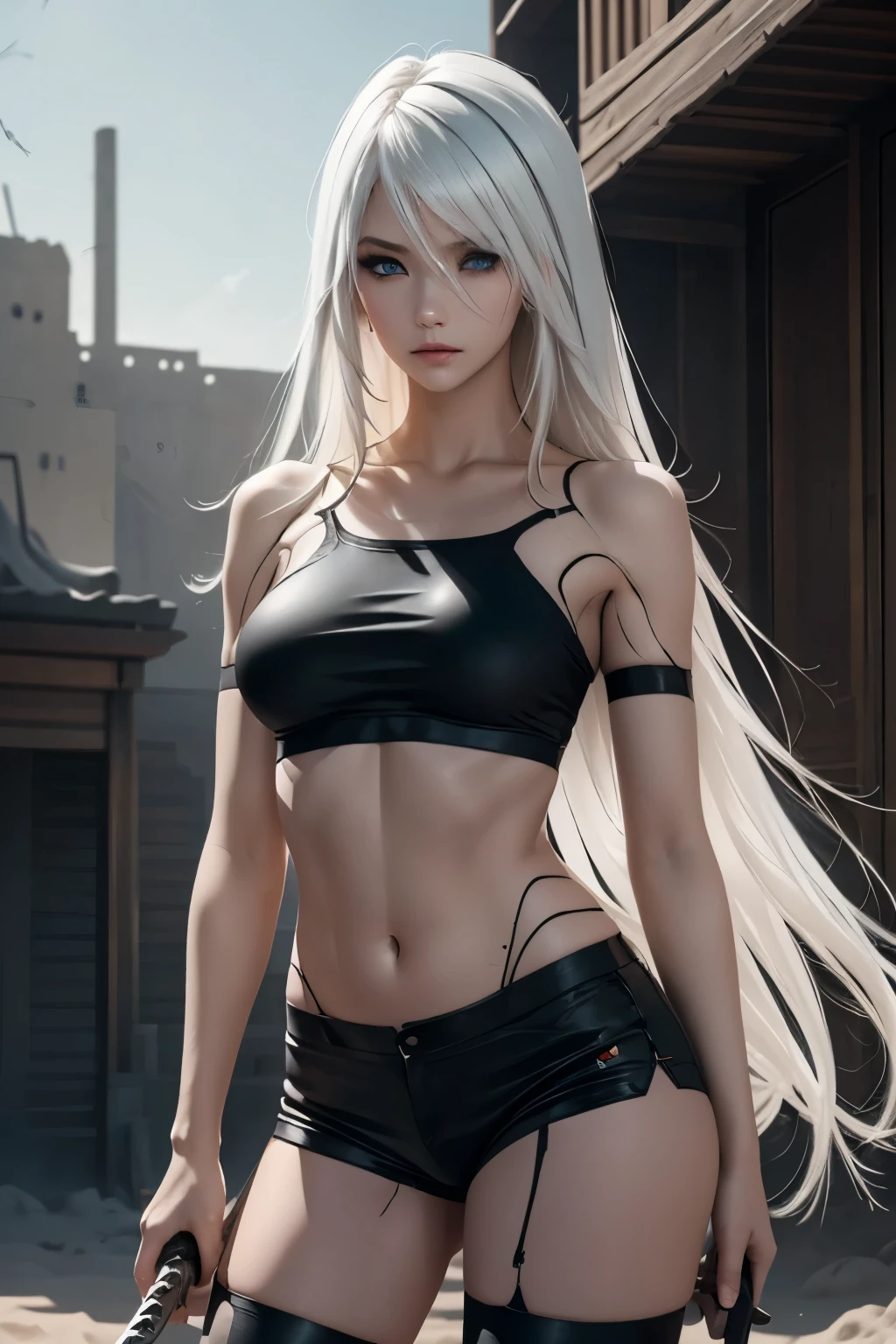 very long hair, blue eyes, white hair, robot joints, android,YoRHa Type A No.2,A2,(best quality, masterpiece), ((1 Woman)), beautiful Woman, ((blue eyes)), (([White] hair, [slong] hair)), ((small breasts)), realistic, narrow waist, charming, Black makeup, Smoky eye shadow, Dark Eyeliner. long eyelashes, ((Tanned Skin)), (detailed face), detailed eyes, detailed iris, Desert Sand Dunes, ((Holding a Long Katana Style Sword)), Fighting Robots, Black Shorts, Black Crop Top Asymmetrical Shorts
