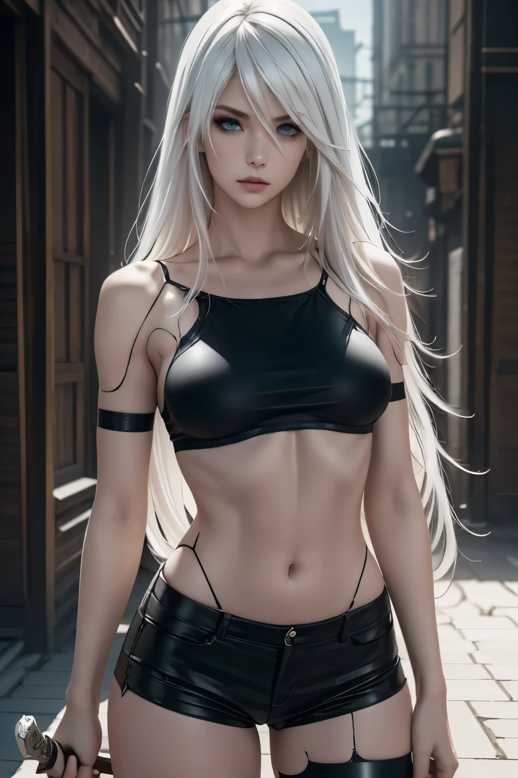 very long hair, blue eyes, white hair, robot joints, android,YoRHa Type A No.2,A2,(best quality, masterpiece), ((1 Woman)), beautiful Woman, ((blue eyes)), (([White] hair, [slong] hair)), ((small breasts)), realistic, narrow waist, charming, Black makeup, Smoky eye shadow, Dark Eyeliner. long eyelashes, ((Tanned Skin)), (detailed face), detailed eyes, detailed iris, Ruined Cityscape, Holding a Long Katana Style Sword, Black Shorts, Black Crop Top Asymmetrical Shorts