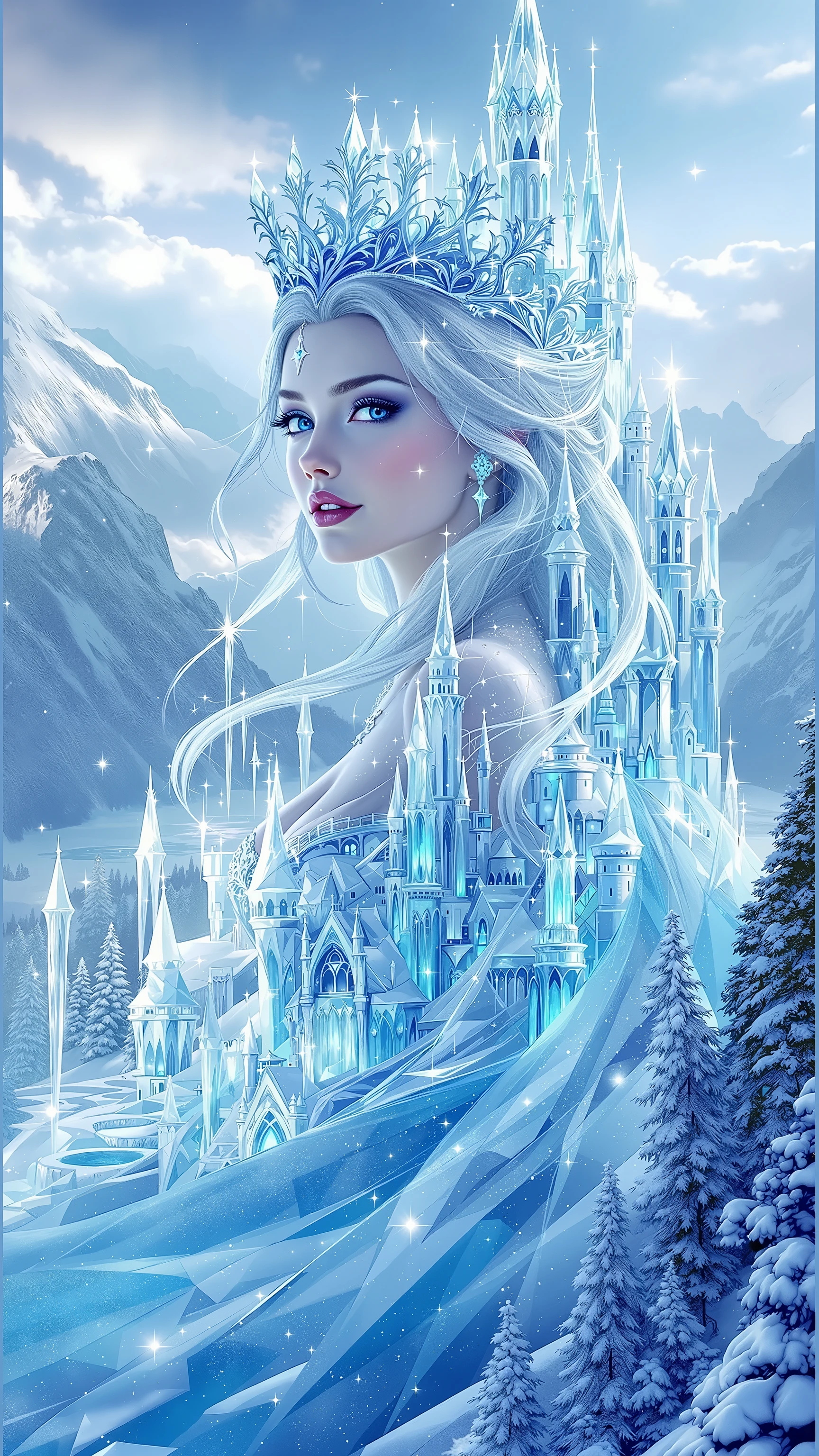 "Create a stunning, hyper-realistic image of an ice princess with an ice castle tiara, seamlessly integrated with her castle and its grounds. The princess should be depicted in exquisite detail, with a regal and serene expression, her ice-blue dress flowing gracefully. The tiara should be a magnificent, intricate piece of ice, sparkling with frosty elegance. The castle should be a grand, icy structure with towering spires and delicate, frozen details, blending seamlessly with the princess's form. The grounds should be a winter wonderland, with snow-covered trees, frozen lakes, and sparkling icicles. The entire scene should be infused with a magical, ethereal quality, with the princess and the castle appearing as one, creating a sense of unity and enchantment. The overall effect should be one of breathtaking beauty and icy majesty, as if the viewer is witnessing a scene from a frozen fairy tale."