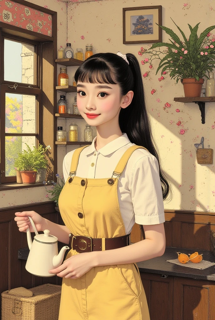 masterpiece,best quality,masterpiece,best quality,official art,extremely detailed CG unity 8k wallpaper,Slight retro color,riso print style,illustration,cute,1girl,Flowers,Windowsill,flowerpot,Drink coffee,.