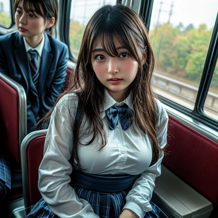 Japanese 18 year old female,Cosplay Japanese  Uniform,sitting in a train seat,(Focus on her crotch:1.1),Between her clothes,Under her skirt,Ultra low angle,Knees together,She is looking down,She doesn&#39;t notice me,