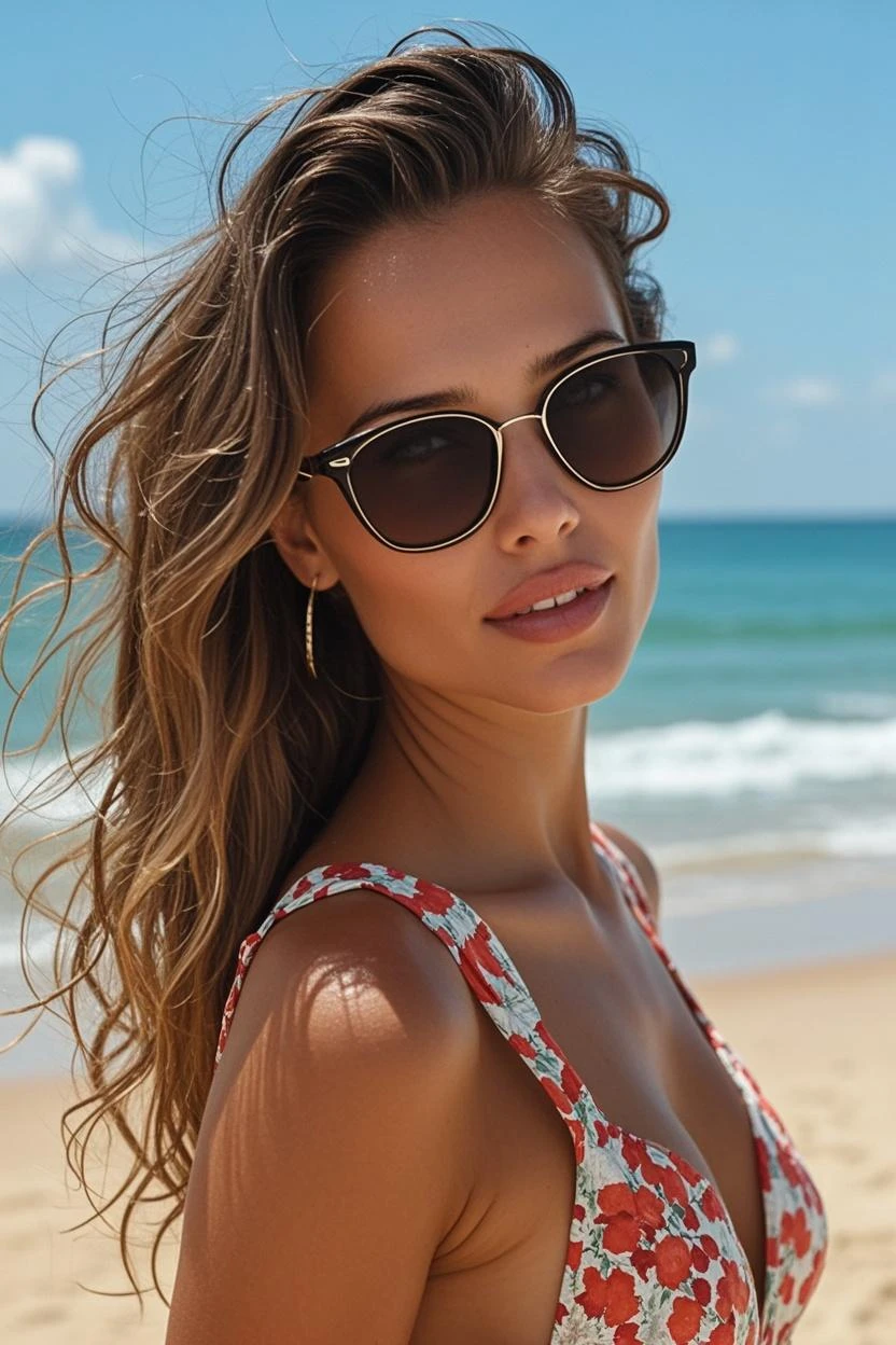Beautiful woman donning sunglasses, captured in a half-profile, hyper-realistic digital painting, sun-kissed skin, subtle play of shadows and highlights on facial features, reflection of a serene beach scene in the lenses, digital painting, ultra-fine details, dramatic lighting