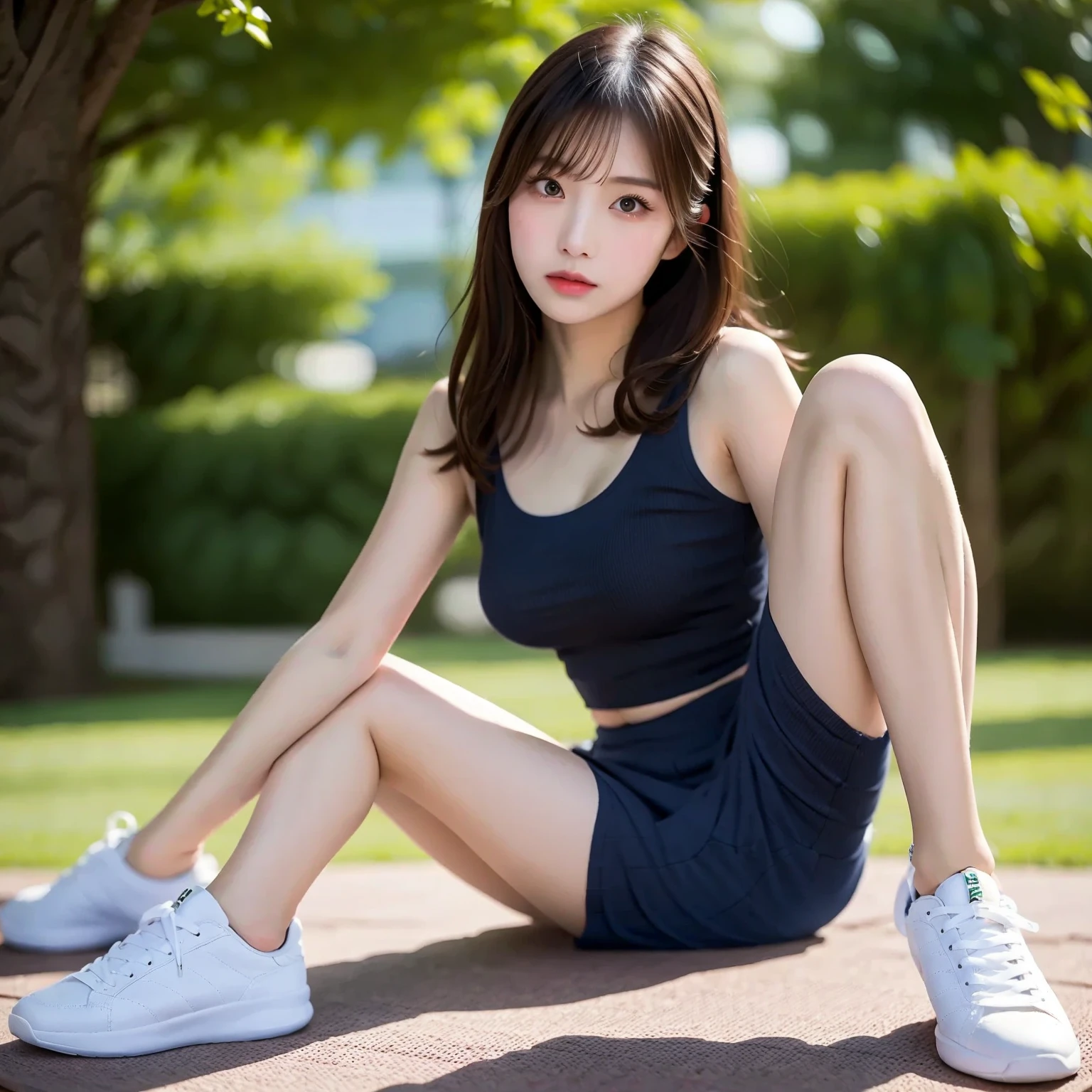 (Top Quality, 4k, Masterpiece: 1.3), Beautiful Woman, Female 1 Person, (Breasts, Attractive Body: 1.2), Abs: 1.1, Dark Brown Hair: 1.1, (Wet Body, Wet Body: 1.2), Ultra-Detailed Face, Detailed Lips, Detailed Eyes, Double Eyelids, Campsite, Sneakers, Chibi T-Shirt, Mini Skirt, Full Body, Wide Shot, Sit on a Tree