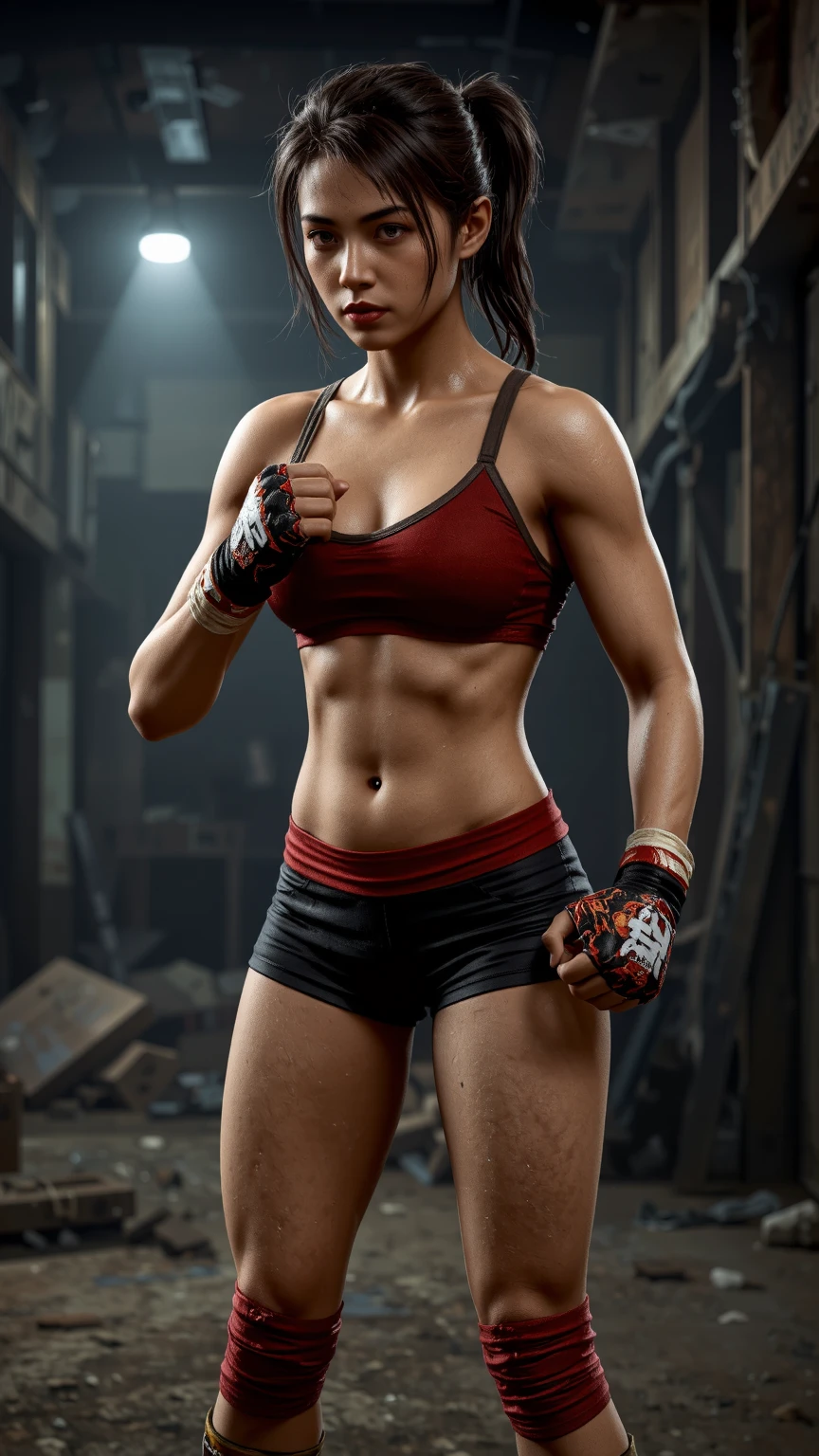 A topless 18 years old Indian MMA fighter, voluptuous body, slim waist, wearing black shorts, topless, in an MMA arena with bright lighting, short hair, beautiful detailed face, wearing fighting gloves, in a fighting pose, dripping with sweat, (best quality,4k,8k,highres,masterpiece:1.2),ultra-detailed,(realistic,photorealistic,photo-realistic:1.37),highly detailed,hyper realistic,octane render,cinematic lighting,dramatic composition,sharp focus,extremely detailed skin and muscles,sweat droplets,volumetric lighting,studio lighting,award winning photograph