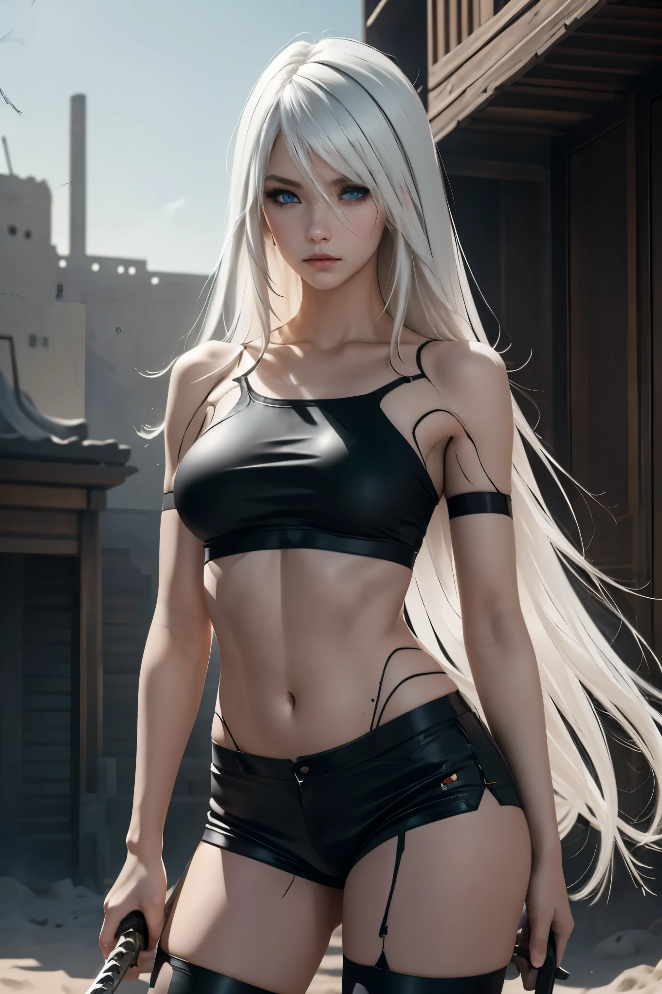 very long hair, blue eyes, white hair, robot joints, android,YoRHa Type A No.2,A2,(best quality, masterpiece), ((1 Woman)), beautiful Woman, ((blue eyes)), (([White] hair, [slong] hair)), ((small breasts)), realistic, narrow waist, charming, Black makeup, Smoky eye shadow, Dark Eyeliner. long eyelashes, ((Tanned Skin)), (detailed face), detailed eyes, detailed iris, Desert Sand Dunes, ((Holding a Long Katana Style Sword)), Fighting Robots, Black Shorts, Black Crop Top Asymmetrical Shorts