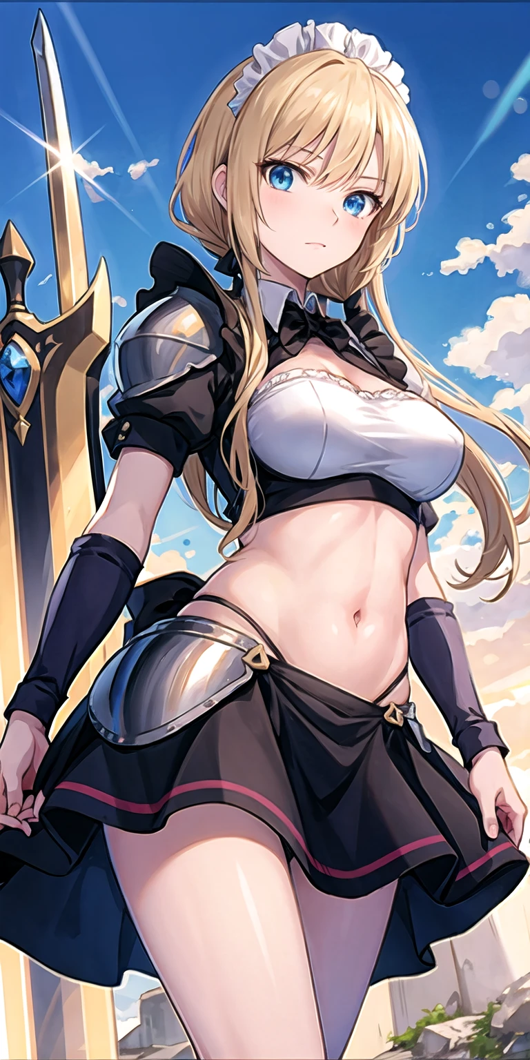 Ultra-high definition image quality、beautiful girl、Female Swordsman、Light armor、Greeboots、Long Hair、blonde、20-year-old、intimidating face、Very short tight skirt、Cowgirl、wilderness、Highest quality,Big Ass、Big Breasts、Thighs、Holy Sword Excalibur、Black panties、Jump by kicking off with your feet、Joan of Arc style、Wind King Barrier、Her hair is flowing in the wind、The sword of promised victory