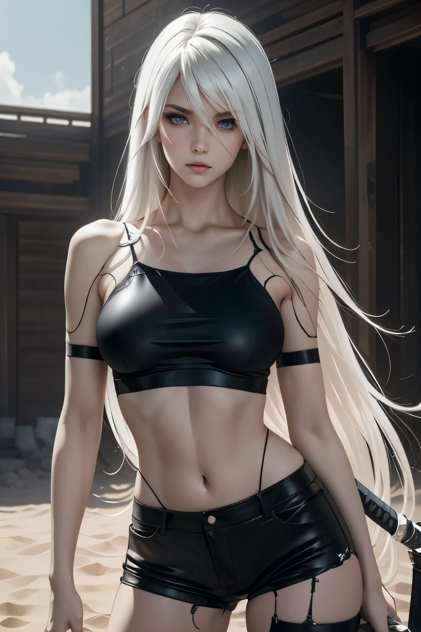 very long hair, blue eyes, white hair, robot joints, android,YoRHa Type A No.2,A2,(best quality, masterpiece), ((1 Woman)), beautiful Woman, ((blue eyes)), (([White] hair, [slong] hair)), ((small breasts)), realistic, narrow waist, charming, Black makeup, Smoky eye shadow, Dark Eyeliner. long eyelashes, ((Tanned Skin)), (detailed face), detailed eyes, detailed iris, Desert Sand Dunes, ((Holding a Long Katana Style Sword)), Fighting Robots, Black Shorts, Black Crop Top Asymmetrical Shorts