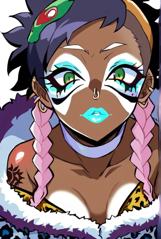 Score_9, score_8_up, score_7_up, score_6_up,  yamanba, source_anime, 1girl, solo, white background, abstract rectangular background, upper body, looking at viewer, BREAK, pink hair, cyan hair, (two-tone hair),  nose ring, hoop earrings, BREAK, cyan lips, very dark skin, dark-skinned female. (yamanba, white facepaint makeup:1.3), eyeshadow, (leopard print microdress:1.3), fur trim, bare shoulders, off shoulder, white choker, hair ornament, (cleavage, topless, areola slip, tattoos, piercings),  (white areolae, long braid,undercut:1.3),  izuku midoriya, midoriya izuku, short hair, (green eyes:1.3), green hair, messy hair, freckles, gloves, belt, white gloves, bodysuit, mask, green bodysuit,