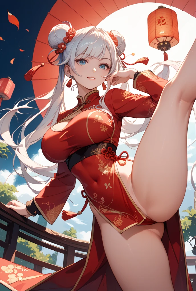 ningguang (genshin impact), 1girl, solo, long hair, breasts, looking at viewer, smile, bangs, large breasts, hair ornament, red eyes, dress, holding, bare shoulders, sitting, white hair, heart, thighs, detached sleeves, solo focus, looking back, from behind, white dress, blurry, chinese clothes, tassel, china dress, hand fan, pelvic curtain, hairpin, folding fan, holding fan
