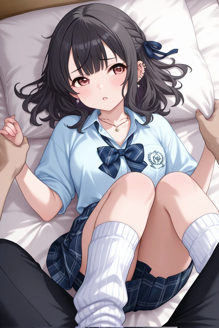 Beautiful girl at 13 years old,high school student,uniform,Japanese,,,Small and slim,Flat Chest,Small breasts,Baby Face,Small face,Black Hair,Twin tails,open mouth,tongue out,Kneeling and sitting,Grey Eyes,Beautiful and detailed anime art,high angle, looking at viewer, looking ahead, from above,cowboy shot,Sexy vibe,cum on tongue,On the bed,fellatio,handjob,puzzled look