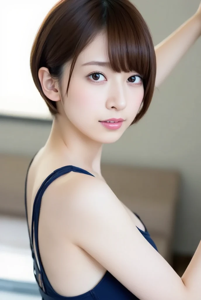 nsfw,(1 woman),beauty,Beautiful Face,smile,(light blue bikini:1.2),A dignified appearance,Plump Style,(small breasts:1.3)、(Peeking into this、Front view),Focus on the chest,Ultra-realistic,Ultra-high resolution,highest quality,8k,masterpiece,(bed room,on bed)、The cutest Yoshioka Riho,(short bob hair:1.3),(portrait:1.2),(?????? stand:1.2),(arms behind back posing:1.4)(embarrassed:1.4,blush:1.4)