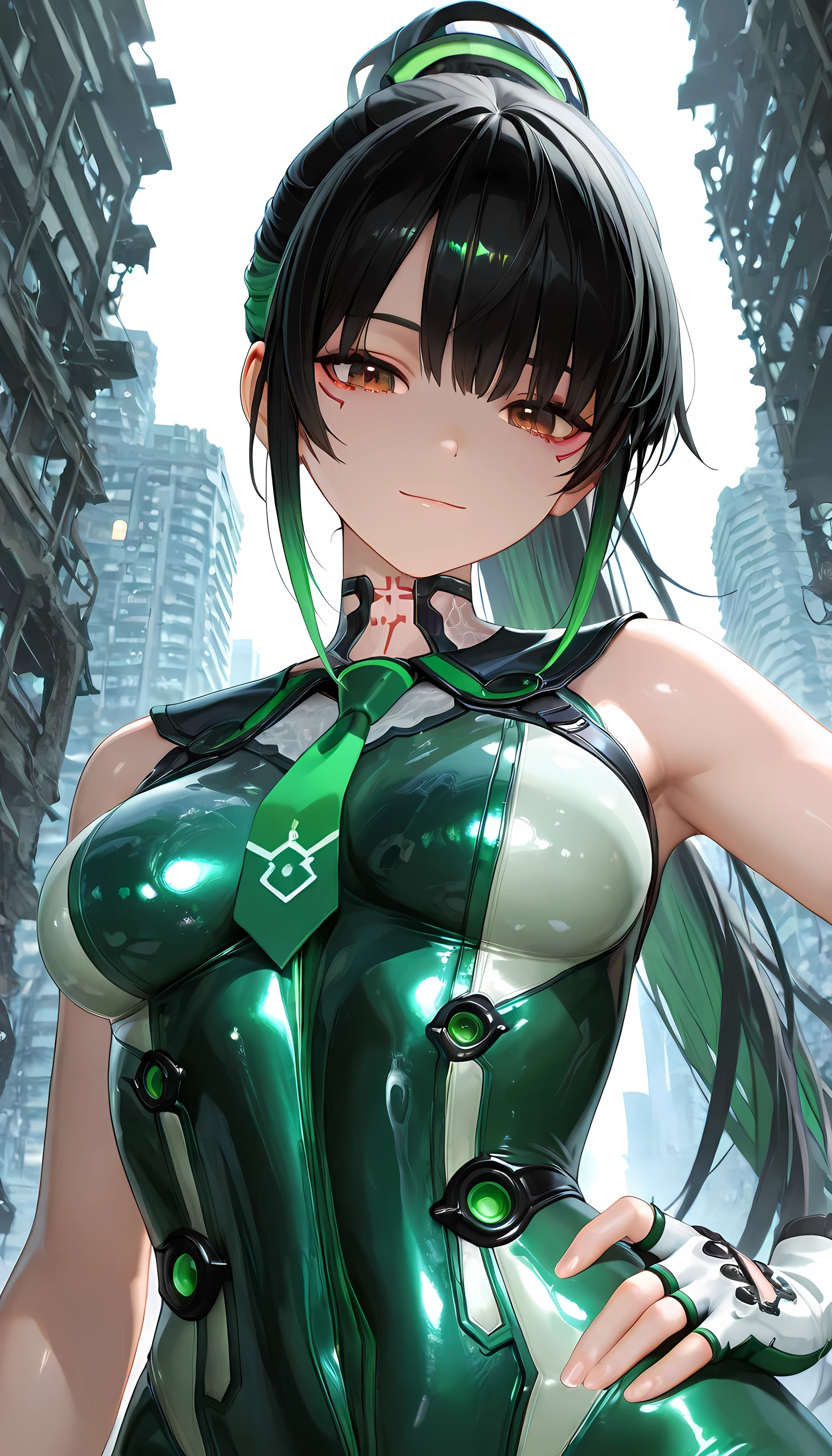 (Green-eyed girl),(green eyes that reflect white light:1.1),(Clear Eyes Concept Art:1.2),(Shines like the reflection of light in a photo),(Super detailed:1.3),(eye reflection:1.2),(Many leaves dance and spread across the screen.:1.4),(machine body:1.3),(Cyborg body:1.35),(android:1.3),(Green body:1.3),(headphones:1.4),(black hair:1.3),(blue sky:1.2),(Carrying a large number of heavily armed weapons:1.4),(gadoling gun:1.4),(skin is transparent:1.3),(NSFW:1.2),(perspective from below:1.3),