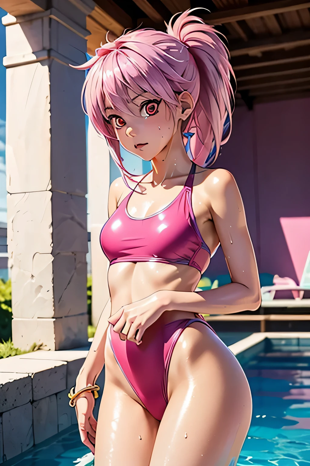 (masterpiece, best quality), 1girl, (seductive smirk:0.75), upper body, looking at viewer, side tied bikini top, ((pubis, groin, crotch)), braid, (((pants pull))), choker, pink hair, wide hips,