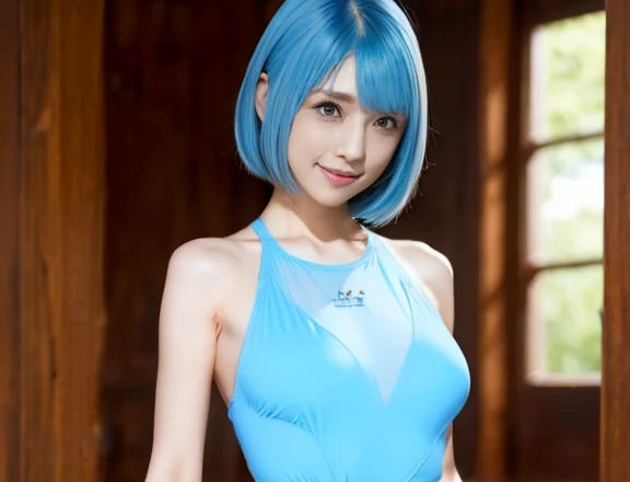 (best quality), (masterpiece), detailed, depth of field, perfect lighting, 1girl, mature female, blue eyes, blue hair, low ponytail, hair ornament, (best quality), (masterpiece), detailed, depth of field, short sleeves, blue kimono, blue hair, upper body, huge breasts, smile, background is japanese omatsuri at night filled with elderly robust bald old men wearing fundoshi with with mandingo veiny grotesque penis:1.2,