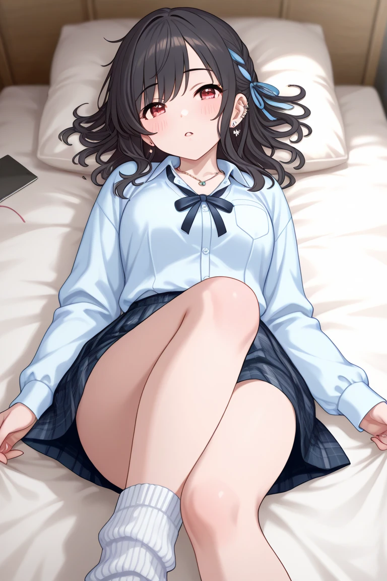 masterpiece、Highest quality、Very detailed))、One girl、Black Hair、Long Hair、blunt bangs、Grey Eyes、evil smile、((Grin))、((lots of piercings))、((Small breasts))、((White collared shirt))、((gray sweater vest))、((gray plaid skirt))、((stripe panties))、socks、sitting、((knees up:1.5))、((open legs:1.5))、Gym storeroom