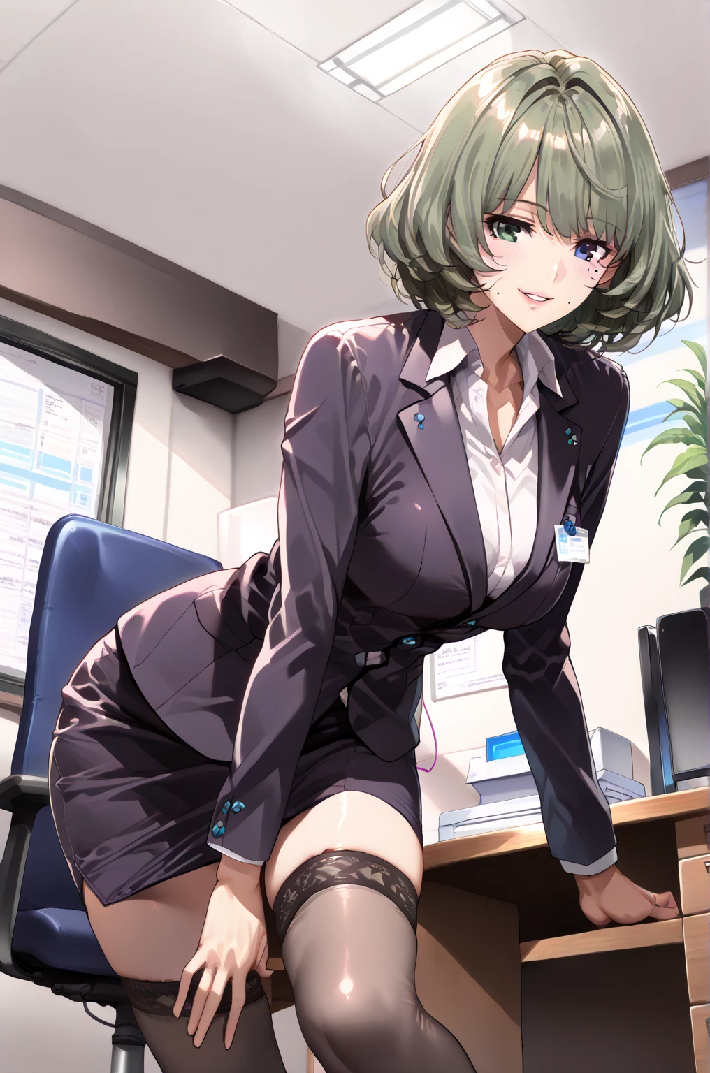 solo, female, sfw, short hair, brown hair, brown eyes, large breasts, black suit, shapely tights, displaying thighs, skirt, sitting, gentle smile, doctor's office, psycologist