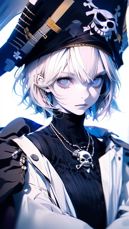 masterpiece: 1.2, best quality), makeup, hat, skull, boy, white hair, blue eyes, 