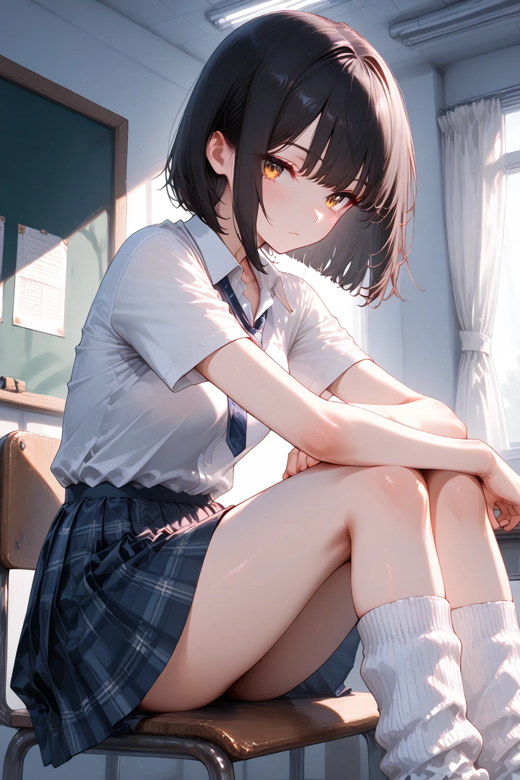 (8k, best quality, masterpiece:1.2), (actual, photorealistic:1.37), Super detailed, 1 girl, Lovely, alone, sitting, obsolete, (nose blushing), (flat chest:1.2), Beautiful and delicate eyes, (collared shirt:1.1), wet White shirt, pleated skirt, white lace, beautiful feet, (Short bob hair details:1.2), bedroom, bedridden, (blush:1.4), Closed eyes, Open Mouth, (impatient expression, blushing cheeks, embarrassed expression), ,intricate composition, depth of field,