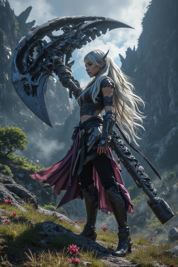 (high quality:1.3), highly detailed, (3D, cycle render, computer graphics:1.2),
AraneaHighwind, battle stance, (holding weapon by right hand, left hand on waist:1.2), pike, lance, polearm, spear, (beautiful sky background:1.2), (picturesque background, hills and sky:1.1), (full body shot:1.15),
grey hair, lipstick, makeup, black eyeshadow, eyelashes, (ultra detail hair:1.1), ultra realistic hair, ultra detail face, green eyes, (perfect eyes, perfect face:1.1),
black Armor, breastplate, (greaves:1.2), pants, gauntlets, shoulder armor, pauldrons, (white dress, armored dress:0.9),
(Large Breasts:1.2), cleavage, <lora:AraneaHighwind-000009:0.9>, <lora:add_detail:0.3>