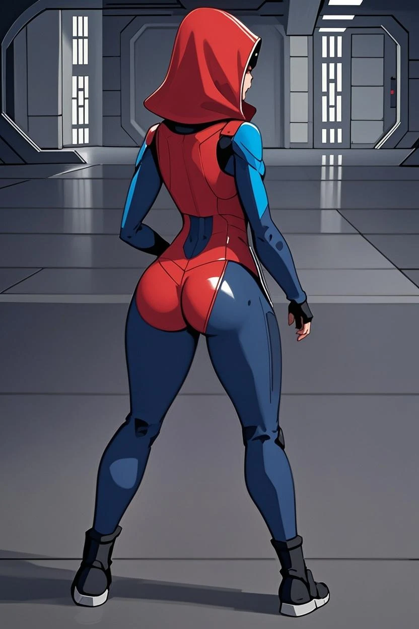 huntress, female, solo, standing, red boots, breasts, helmet, bodysuit, scarf, armor, gloves, from behind, ass, presenting, bent over, <3, heart, spoken heart,