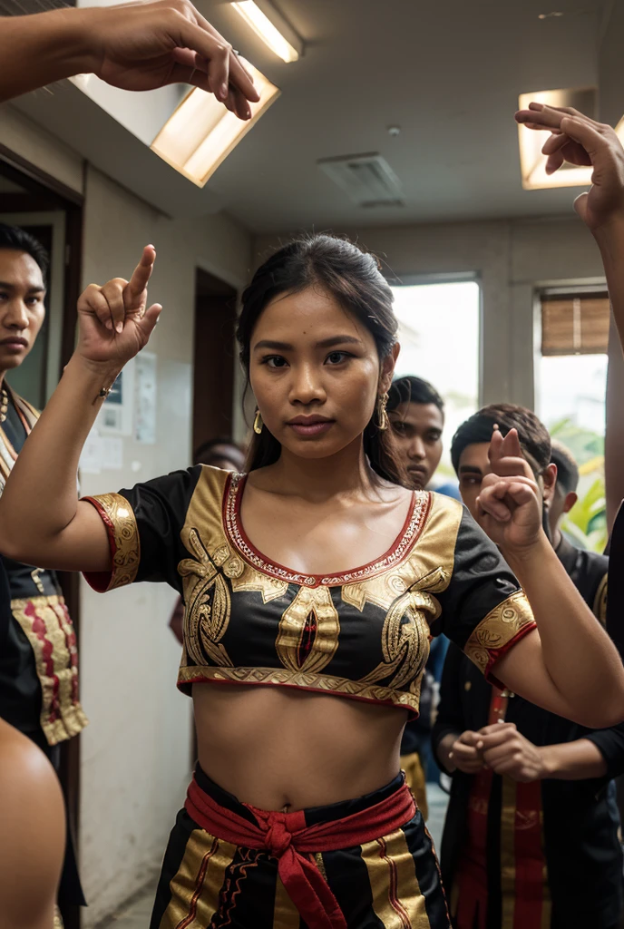a very beautiful and sweaty 25 year old Indonesian naked girl, thick hairy armpits, muscular abs, raising her arms high while being carried and touched by two maskered young men