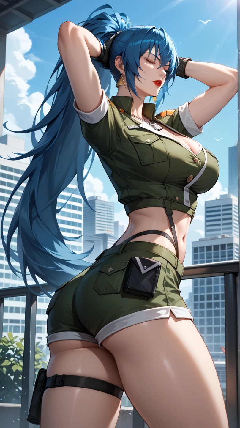 Highly detailed, a 22 yo's woman, Bangs pinned back hairstyle, vivid-cerulean BLUE hair, Carmine red eyes, busty, big And round buson, gorgeous plump body, face scar, cyan sattela's clothes, cyan sattela's Long skirt, Holding a weapon, action position, angry face