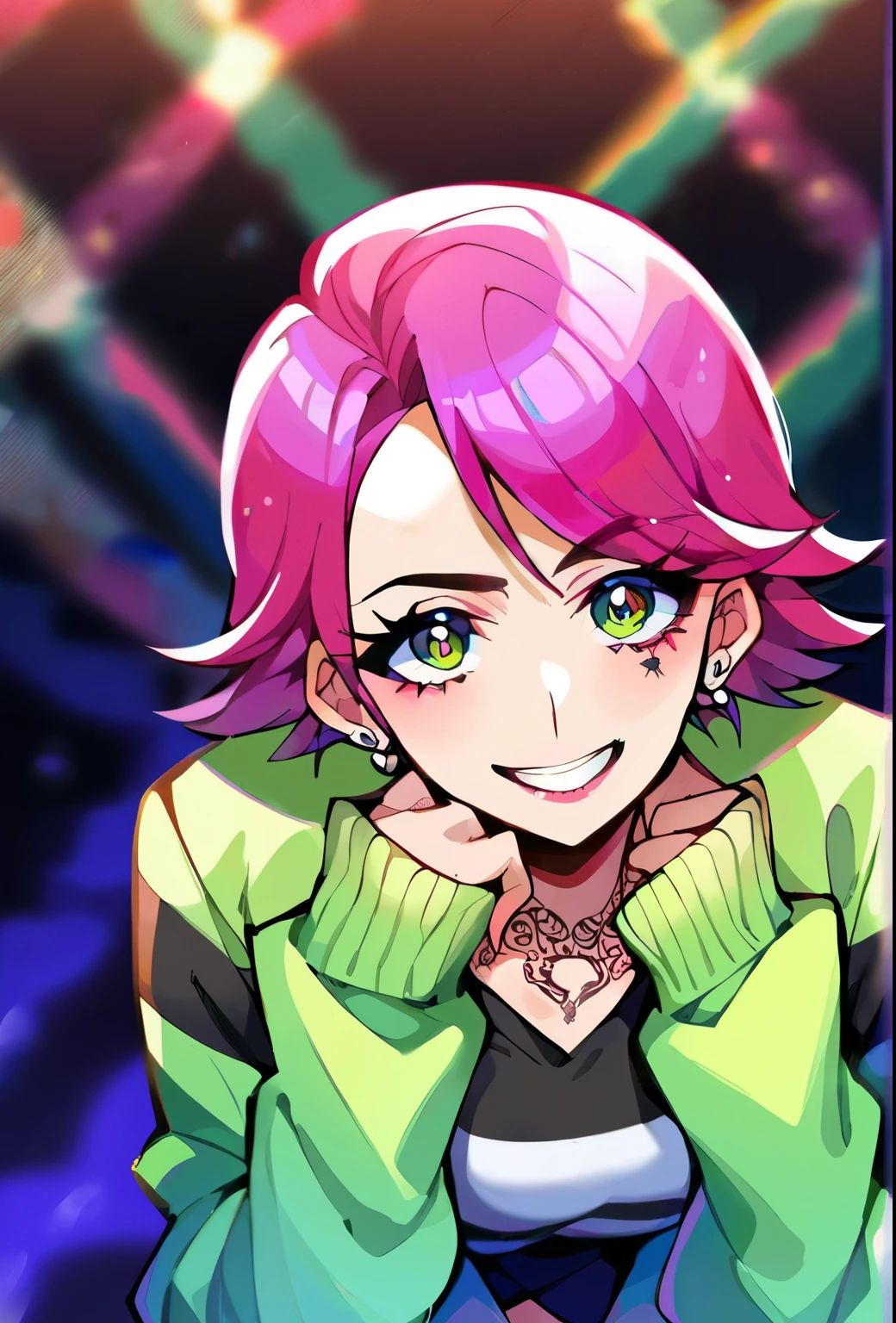 score_9, score_8_up, score_7_up, score_6_up, Yamamba, Source_Anime, nsfw,1girl, solo, charming smile, Bad guy, black,Kpop girl with neon cyan pink hair, Kpop girl with charming smile tattooed on her hand and neck, piercings, black mixed green striped sweater, Cool Scoundrel Poses, Smoke Background, colorful Smoke Background,Provocative Poses,high angle shot,depth of subject,fisheye lens,Bokeh,glitter,Pretty Cure style,