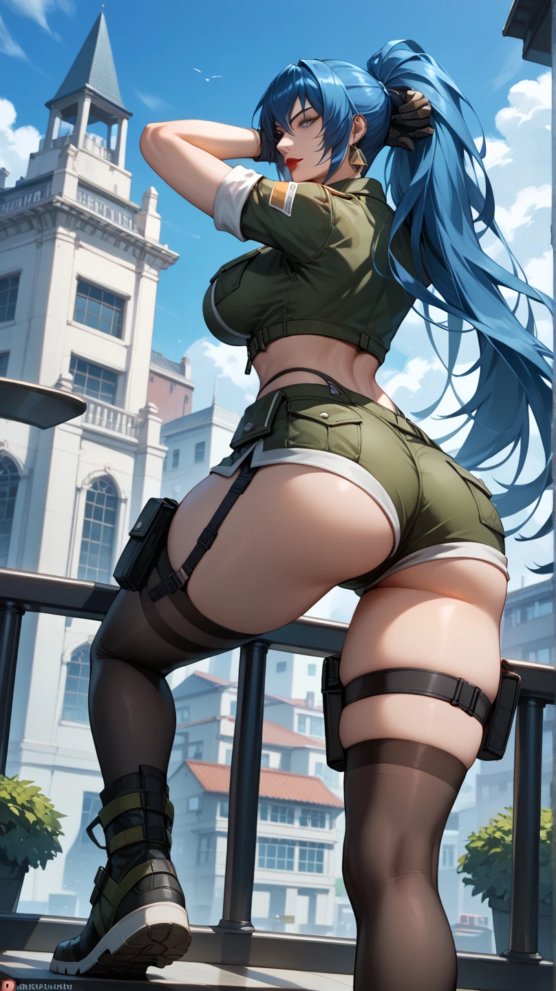 two women with white skin, very long gray hair, tthin eyebrows, blue eyes, Slim waist, Constriction, 8K, Photorealista, Large bust, bodyguard, red blush, they look spicy, Formidable, itting open legs, crouching down, strong lighting, (Nargas), Looking back, fit derrier, posterior view, bottom less, Raised hands,T back，T-back that digs into the buttocks，thighs thighs thighs thighs，Voluptuous body，hands cuffed，she only wears thong、teats