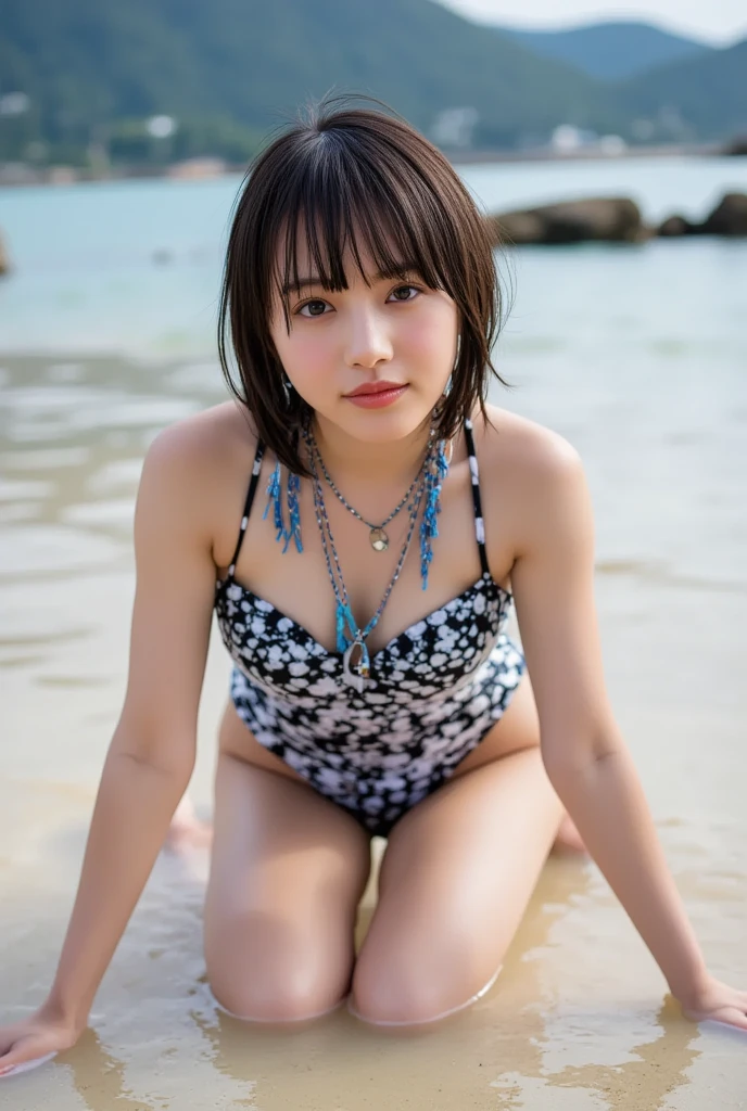 ((((Photorealistic))))), ((AKB 48))), ((Noma Lighthouse in the background)), ((Rock in the background)),((Smiling)),(((NIKON Z))), (19 years old))),(Small bust)))), (Colorful lace swimsuit))),(Mekosuji),(Slightly rough skin))))), (Pore feeling))))), ( Photorealism: 6, Realistic))), ((Earrings)), ((Sideways and Turning Pose)),Perfect chest shape, bare buttocks, side ponytail, ribbon, hair ornament, pale skin, looking at the viewer, small waist