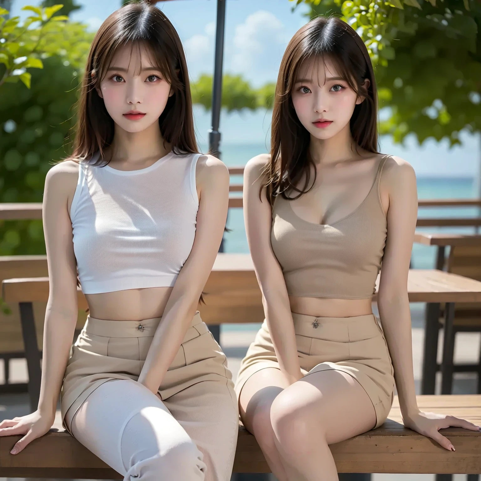 (((Browsing Caution))), (RAW Photos:1.2), (Realistic), Beautiful detailed girl, Very detailedな目と顔, Narrow and beautiful eyes, Large file size, High resolution, Very detailed, highest quality, [Tabletop:1.6], shape, Very detailed, Finer details, highest quality, 8k wallpaper, Cinema Lighting, Two 15-year-old Japanese girls, Early summer season, A happy look, Quiet Lake畔の森の中の道を歩いている, Holding hands and walking together, In underwear, White bra visible, White panties are visible, Long Hair, Slender body, Young Face, Small breasts, Exposed underwear,  Quiet Lake, 湖のほとりをIn underwear2人歩いている