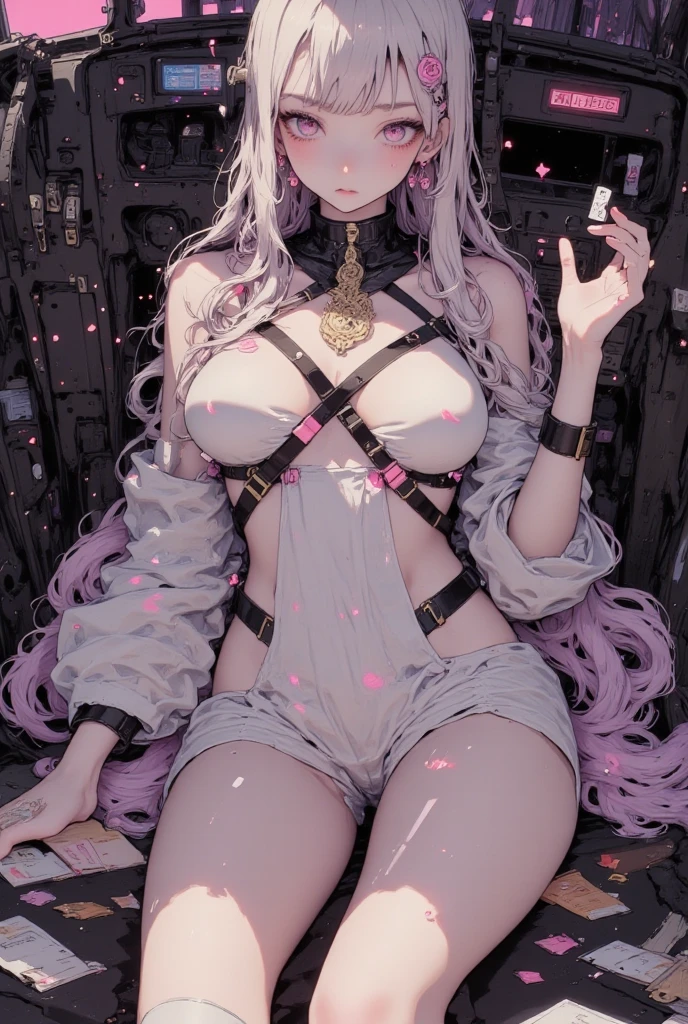 (photorealistic:1.8, highest quality:1.8,8K masterpiece:1.8,High resolution,muste piece:1.8,RAW Photos,cinematic lighting),No split screen, (1 android girl:1.3)、Completely naked、full body tattoo、beautiful big breasts、choker、Nipple piercing、beautiful butt,beautiful thighs,plump nipples、Nipples are visible through the costume,cameltoe,Body painting with a pop design drawn all over the body、pop art design、cutting edge fashion、new york、special art design、nipple design、Ultra-detailed background depicting a beautiful future、Unknown world、art deco、Future、shine、conceptual art、(Beautiful shining white pink hair:1.5)