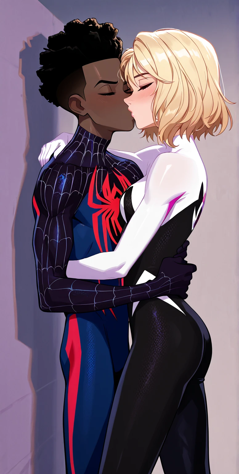 Masterpiece , best quality , Masterpiece , best quality , Spider Gwen , 1 woman, mask , abdomen , big breasts , Put your hands on your hips. , 1 man , hugging woman's waist , alley