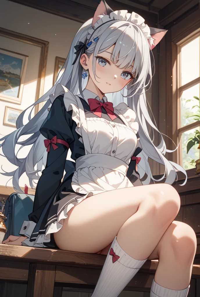 Beautiful illustration、top-quality、cute petit girl、(transform sequence)、((maid style leotard))、10yaers old、elementary student、Slender beautiful girl、Fractal Art、baby-face、((stright long hair))、Beautiful big drooping eyes、A smile、Full Body Display、Western-style garden、(1 persons)、long-sleeve、landscaped gardens、(knee high socks)、(highleg)、Fox ears、