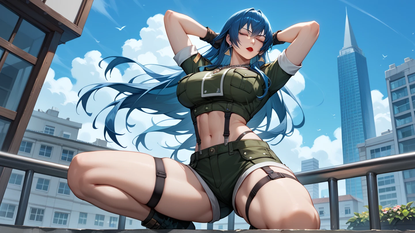 masterpiece, best qualtiy, hdr, highres, 8k, 1girl, solo, leona heidern, ponytail, blue hair, blue eyes, crop top, black gloves, breasts, military uniform, green jacket, green shorts, short sleeves, earrings, jewelry, midriff, navel, outdoors, daylight, inside wooden lodge, jungle outside, large breasts, full body, defined thighs, detailed legs, flexible, standing on one leg, standing split, hand holding one leg up, seen from below, cameltoe