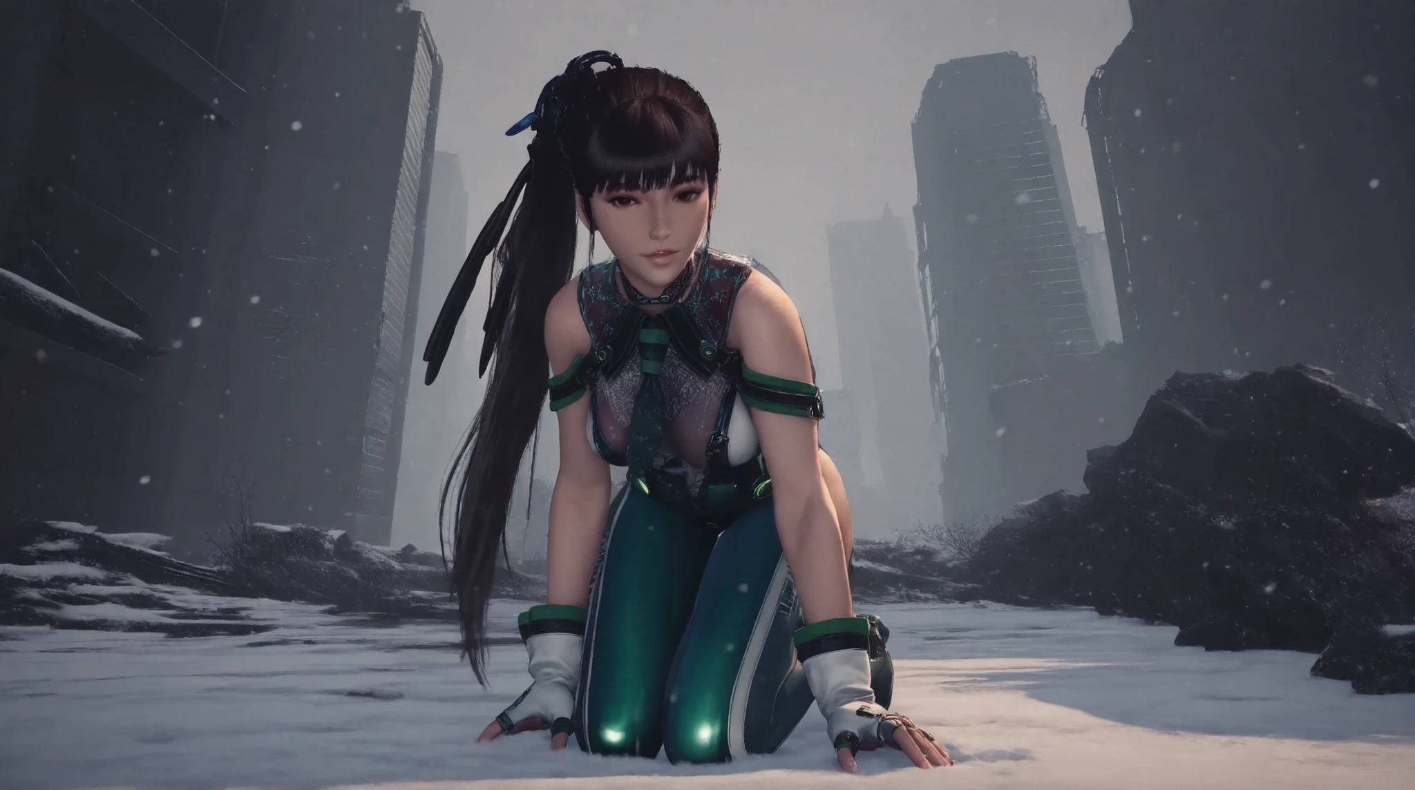 good anatomy, masterpiece, best quality,realistic, hyperrealistic, 16k hdr, taki, (red bodysuit:1.2), fishnets, fingerless gloves, arm guards, shoulder armor,medium breasts,cleavage,outdoor,mountain fuji,japanese old castle background,blue sky,dynamic pose,(sexy pose:1.4),spread legs,(black metal mask:1.1),(from behind,looking back,ass:1.2)