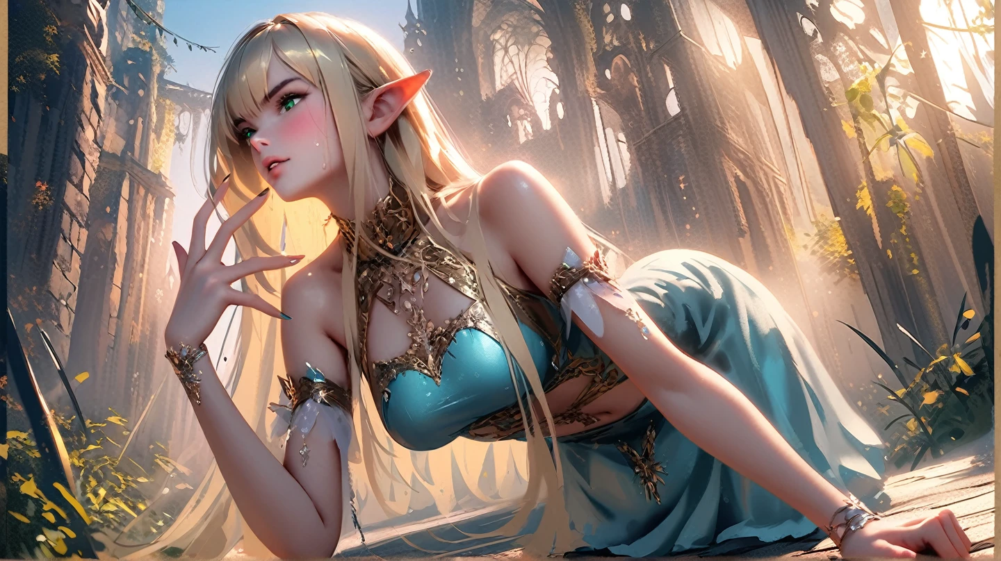 whole body,Haiqinyan by WLOP, Elf Queen Pictures, blue eyes, Long silver hair, long ears, comics《magic sword》heroine, fantasy art style, Beautiful illustration, elegant gesture, blue dress, sitting on bed, fantasy photography, Elf princess temperament, Top model beauty