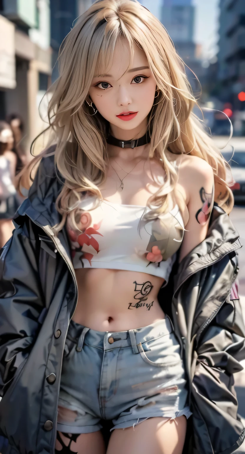 photorealistic, high resolution, 1women, solo, hips up, look at viewer, (detailed face), blonde hair, hat, blue jacket,eyewear on head, tattoo, jewelry