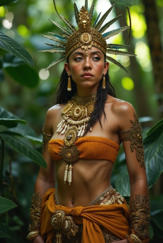 Colombian indigenous women. indigenous traits. with gold headdress and tribal paint on his face and body. and gold metal accessories and decorations with emeralds and precious stones. in sacred lagoon. ritual . indigenous queen. full body. hyper realism. 8k. Photography, hyper realism. k. Photography (masterpiece, Super detail, High detail, Best Quality, 8k.